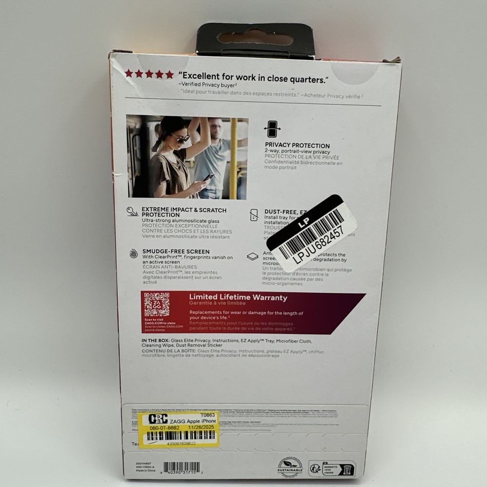 ZAGG InvisibleShield Glass Elite Privacy Screen Protector iPhone‎ 16 & iPhone 15